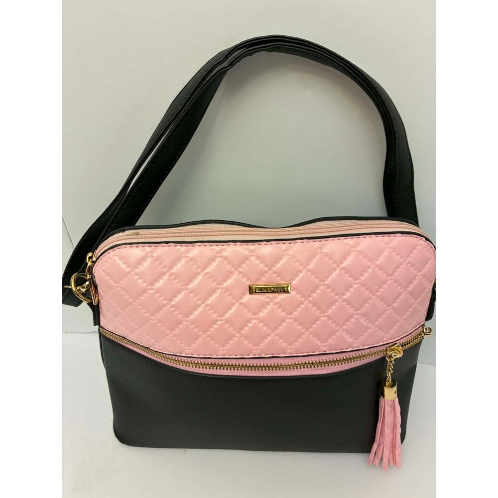 ELIM & PAUL Pink Quilted Shoulder Bag Black Faux Leather‎ Tassel Gold Hardware